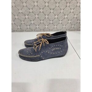 Minnetonka Blue Suede Moccasins with Tan Laces